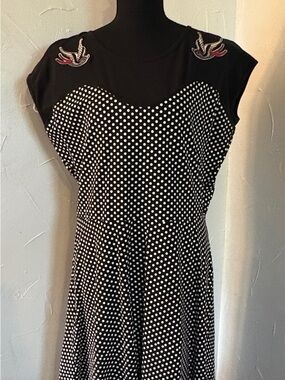 Black and White Polka Dot Midi Dress with Embroidered Shoulder Detail